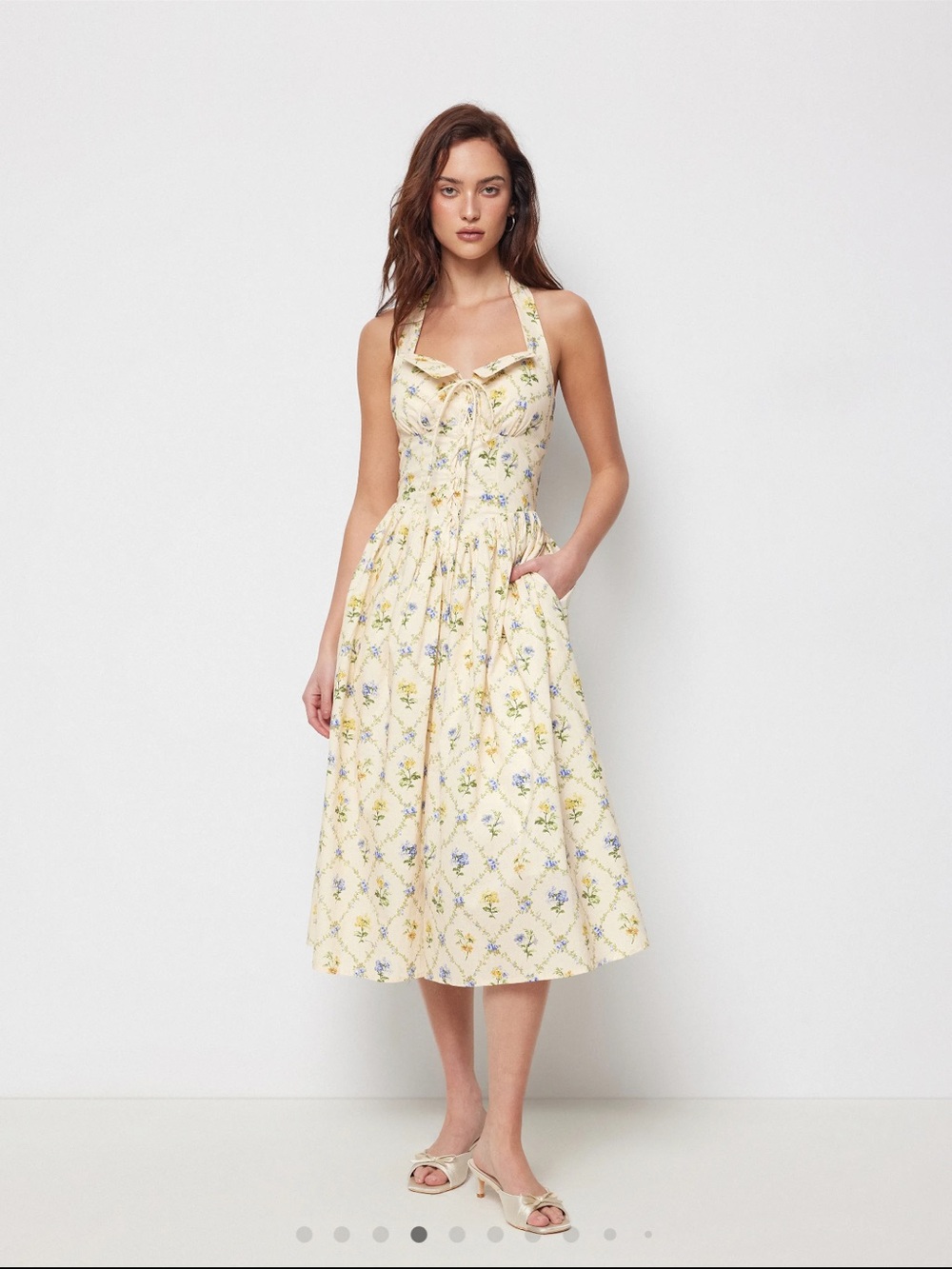Cider Pale Yellow Floral Halter Midi Dress